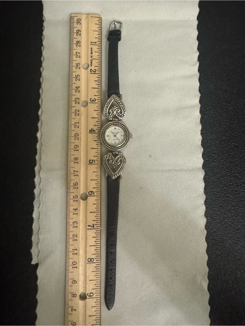 MARINA Black Leather Strap Watch with Silver Heart Accents